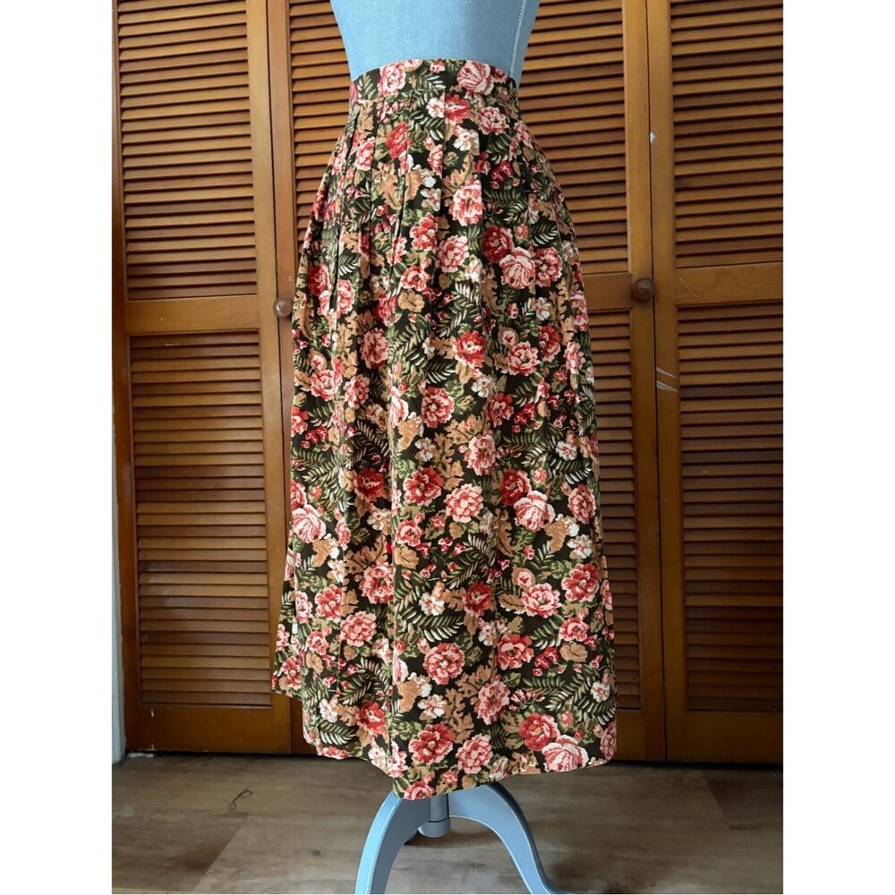 Vintage Talbots Corduroy Floral Midi Skirt in Olive with Pink Roses